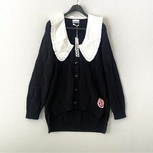 GANNI Smiley Face Oversized-Collar Basketweave Cardigan